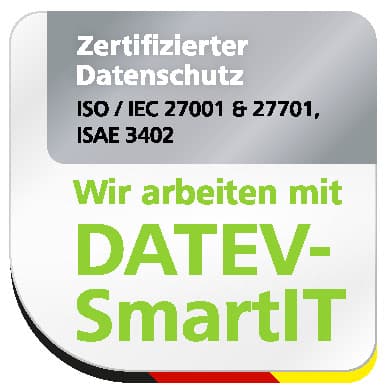 Siegel: Arbeitet mit DATEV-SmartIT. Der Anbieter ist nach ISO/IEC 27001 und 27701 sowie ISAE 3402 für Datenschutz zertifiziert.