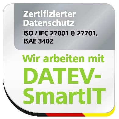 Siegel: Arbeitet mit DATEV-SmartIT. Der Anbieter ist nach ISO/IEC 27001 und 27701 sowie ISAE 3402 für Datenschutz zertifiziert.